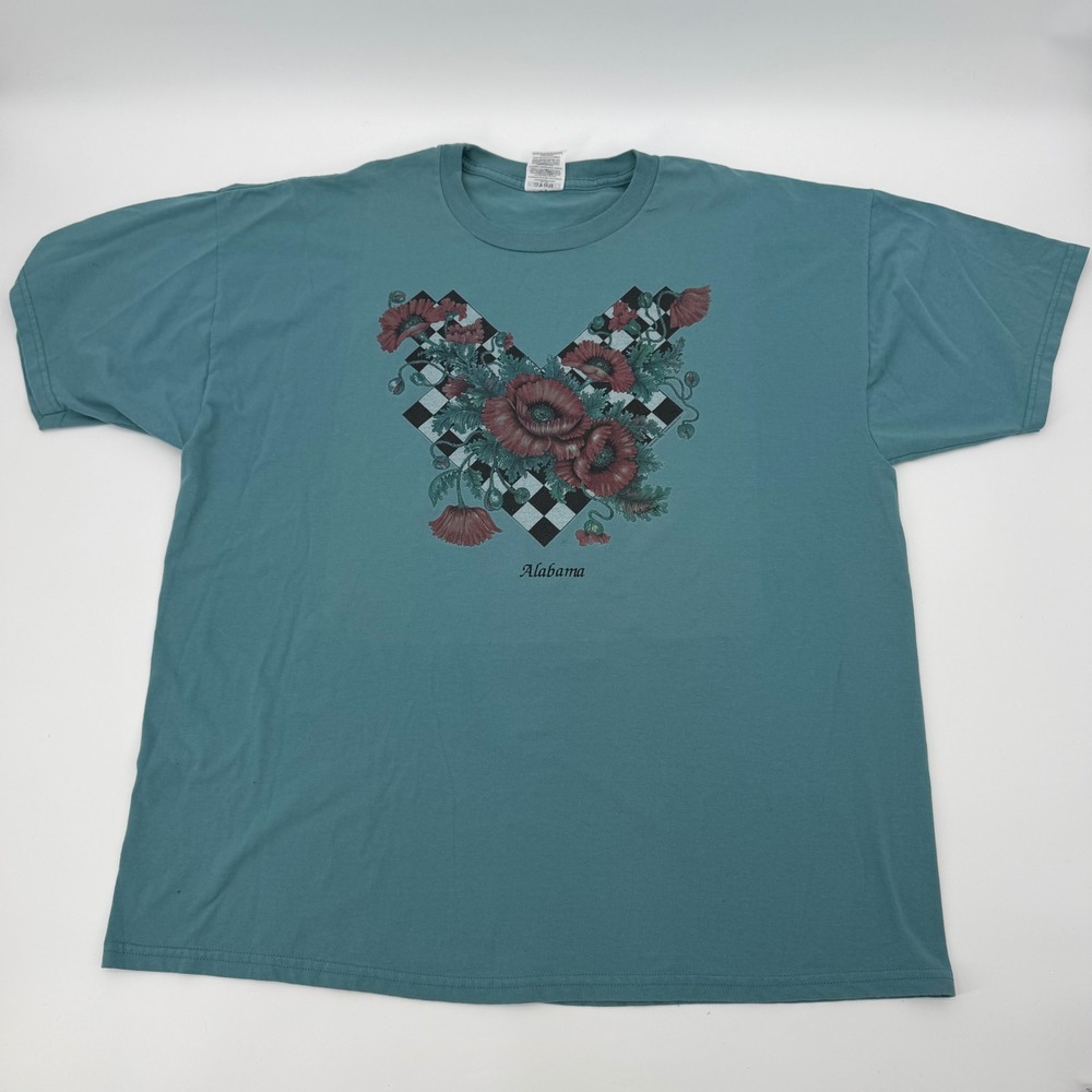 Jerzees Alabama Poppy Flower Checkered Heart Teal Graphic T-Shirt 2XL